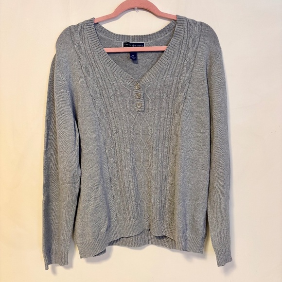 Karen Scott Cable Knit V Neck Henley Long Sleeve Sweater Grey Womens Size XL - Picture 1 of 3